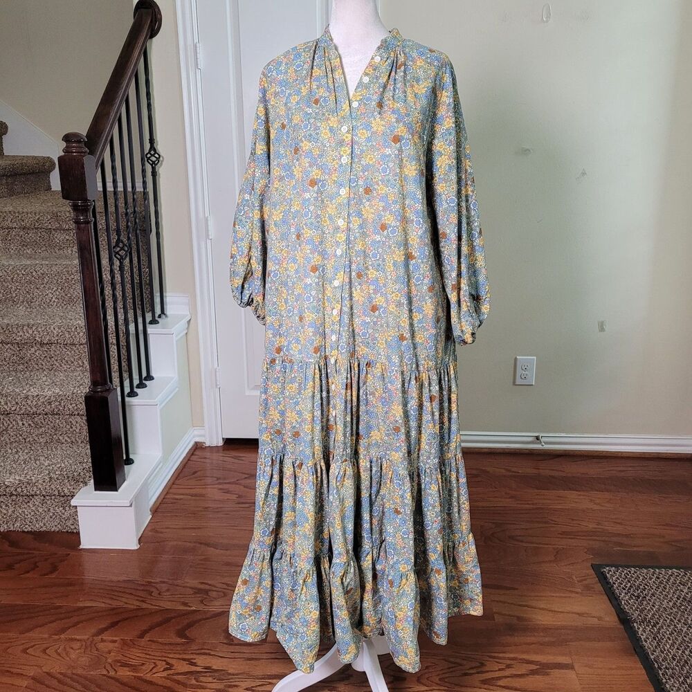 MABLE Cottagecore Tiered Maxi Shirt Dress Groovy Floral Print Spring Vacation - Picture 2 of 16